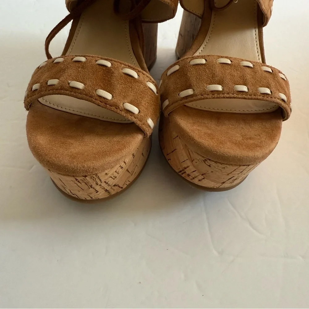 Boho Brown Tan Wedge Cork Platform Heel Sandals Ankle Strap Women Size 6